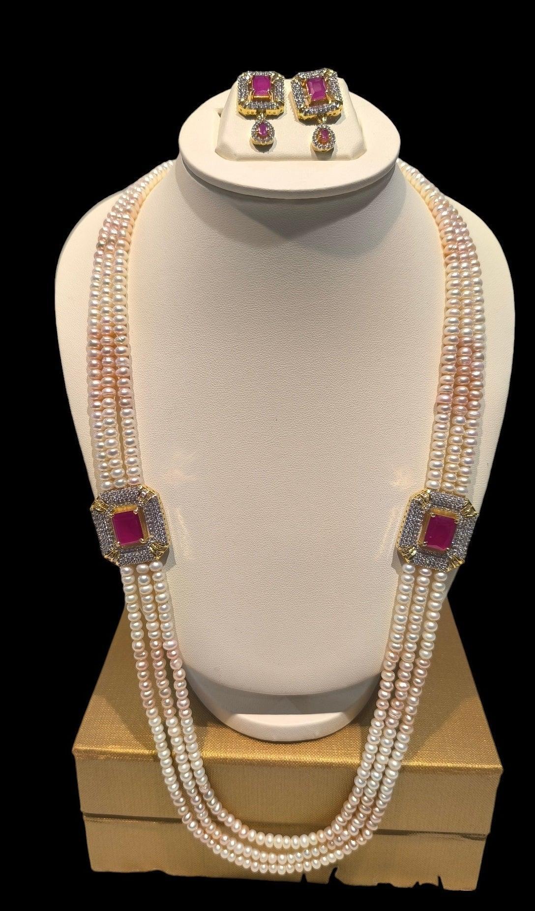 GDJ Pink Ruby Three Layered Two Sided Brooch Long Set with Earring For Women - Ghanshyamdas Jewellers