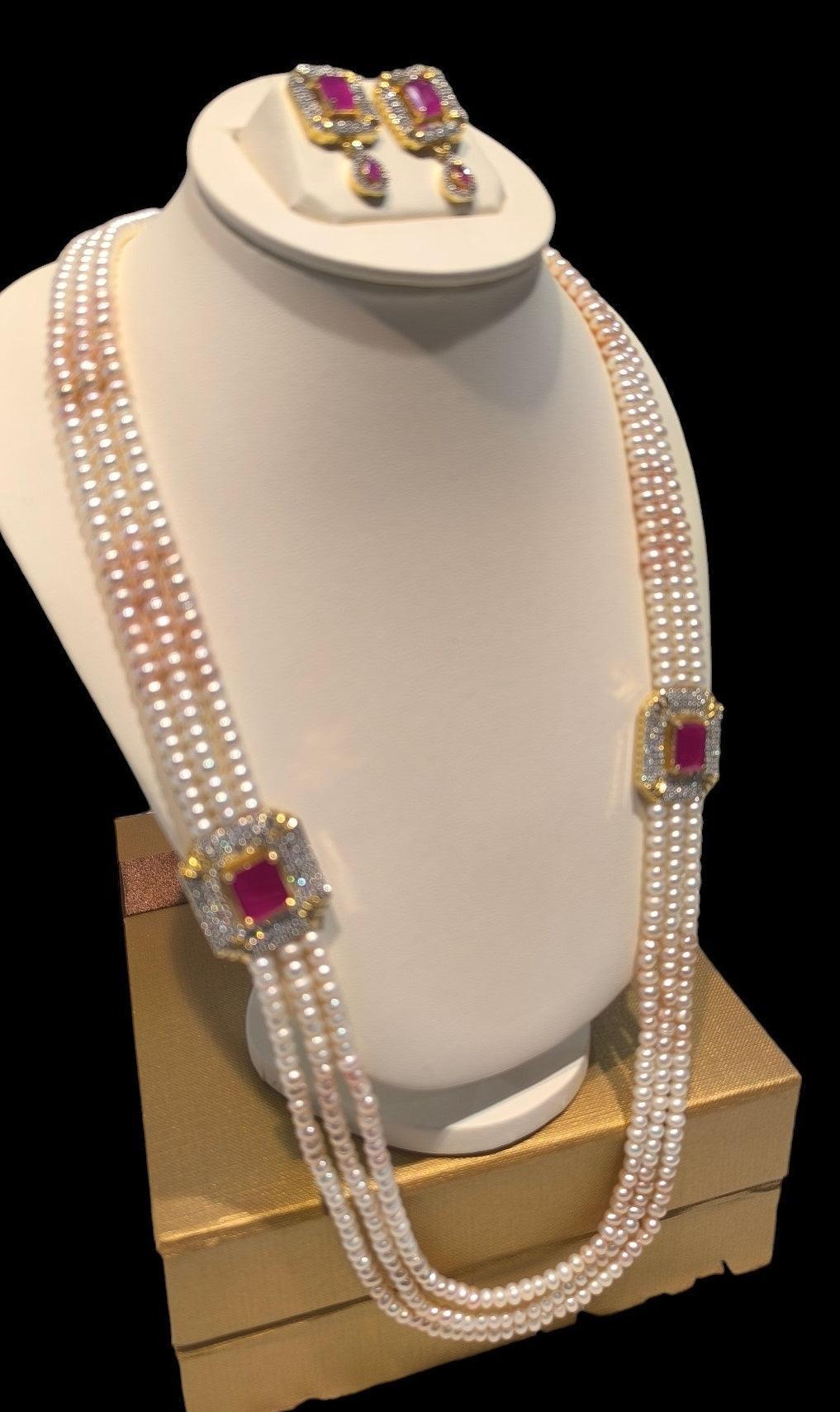 GDJ Pink Ruby Three Layered Two Sided Brooch Long Set with Earring For Women - Ghanshyamdas Jewellers