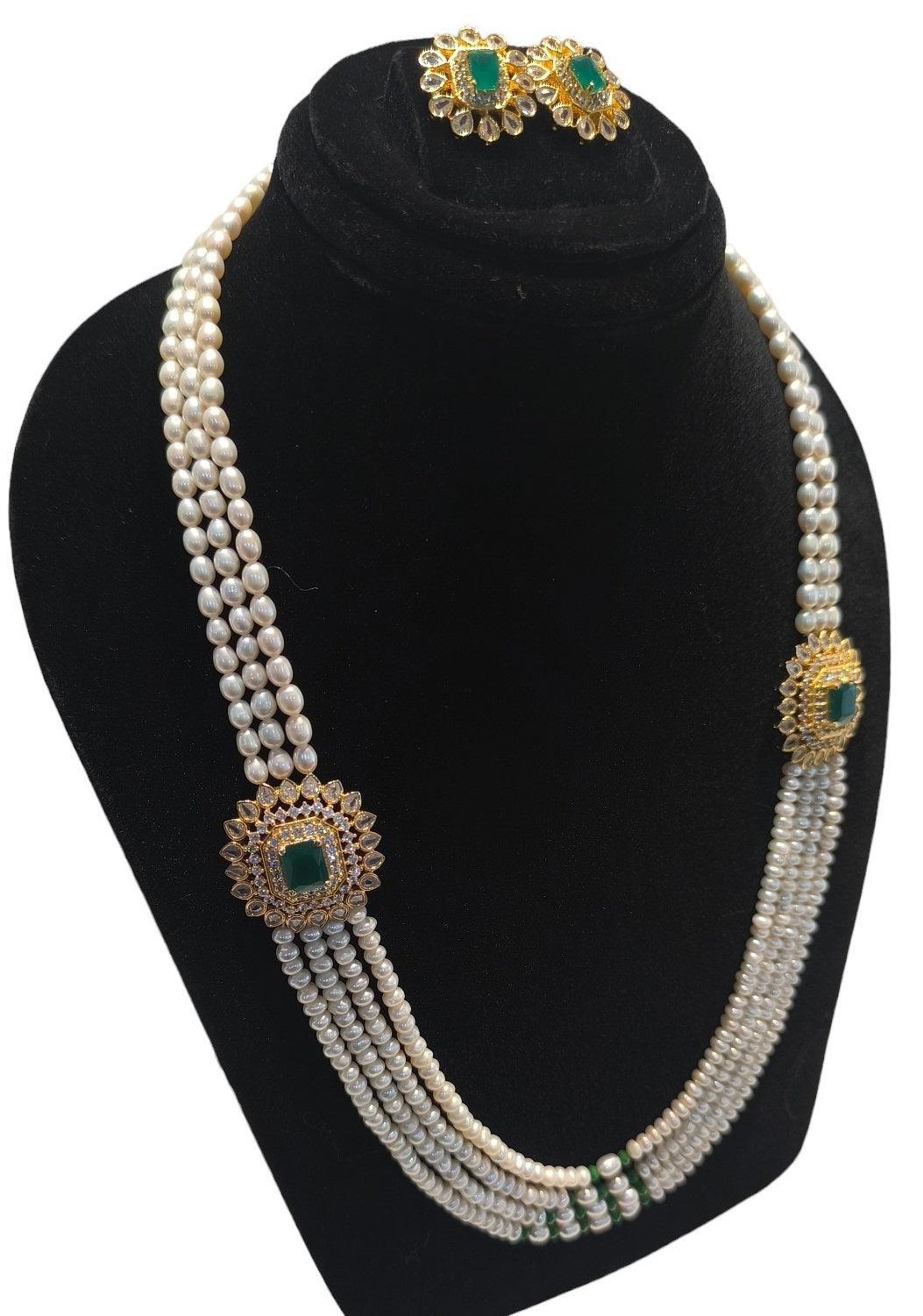 Green Three Layered Two Sided Brooch Long Set along matching stud earrings - Ghanshyamdas Jewellers