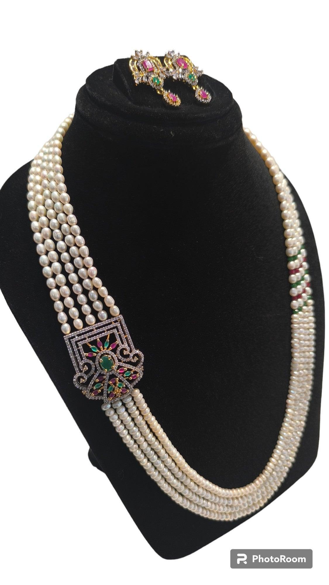 Gold Tone Multi Layered Side Brooch Pearls Long Set For Women - Ghanshyamdas Jewellers