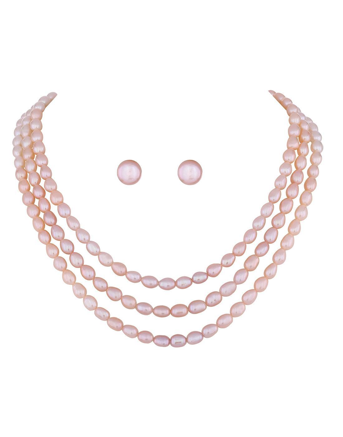 Three Layer Natural Fresh Water Oval Shape Pearls Set - Ghanshyamdas Jewellers