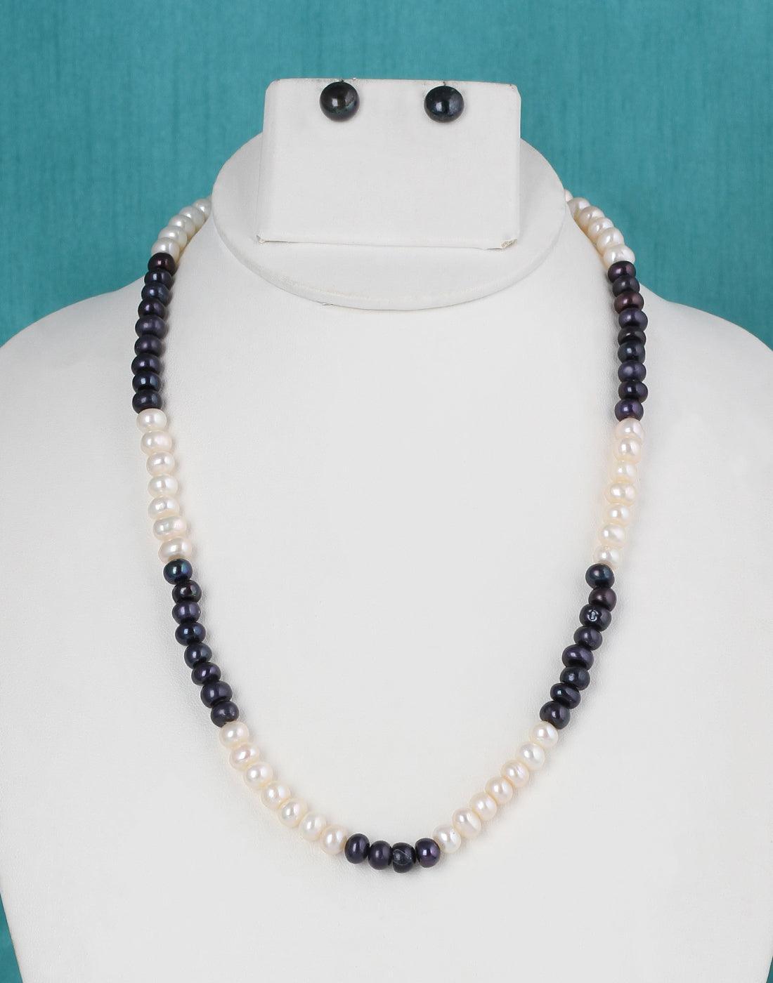 Black and White Semi Round Single Layer Natural Fresh Water Pearls Set For Women n Girls - Ghanshyamdas Jewellers