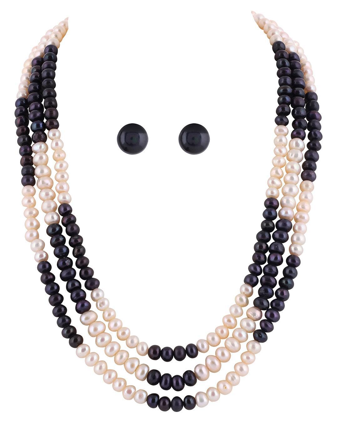 Black and White Semi Round Triple Layer Natural Fresh Water Pearls Set For Women n Girls - Ghanshyamdas Jewellers