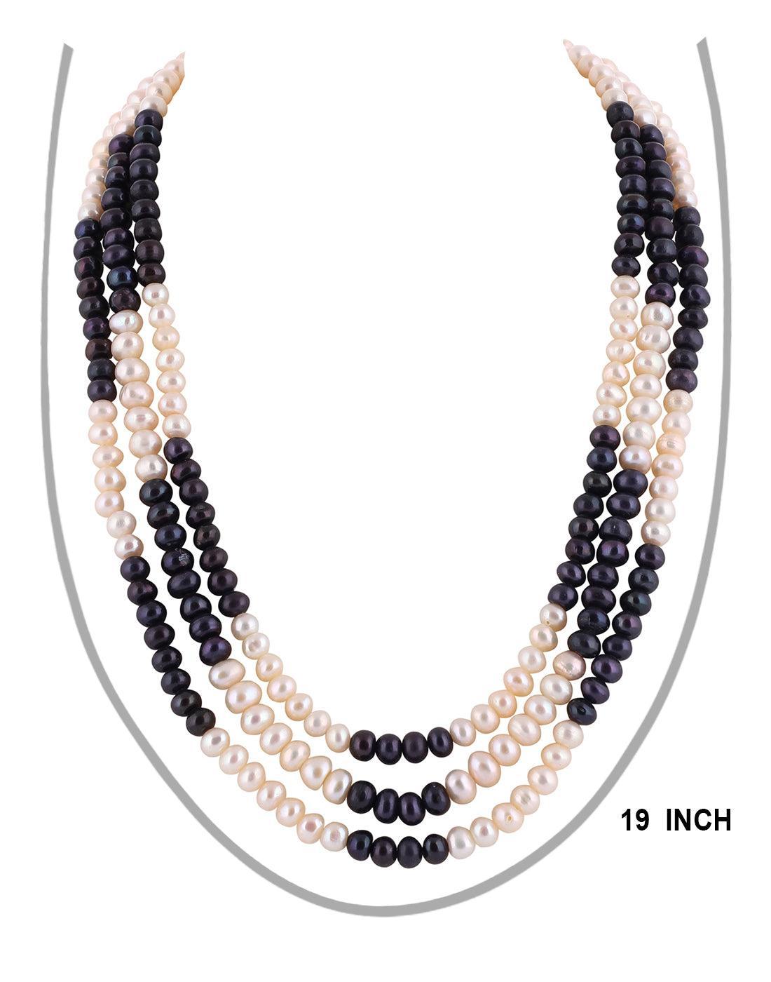 Black and White Semi Round Triple Layer Natural Fresh Water Pearls Set For Women n Girls - Ghanshyamdas Jewellers