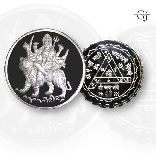 Goddess Maa Durga - 3D Silver Coin 24KT Purity 999 Round Shape - Backside Durga Yantra