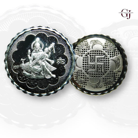 Goddess Maa Saraswati - 3D Silver Coin 24KT Purity 999 Round Shape - Backside Sawatik