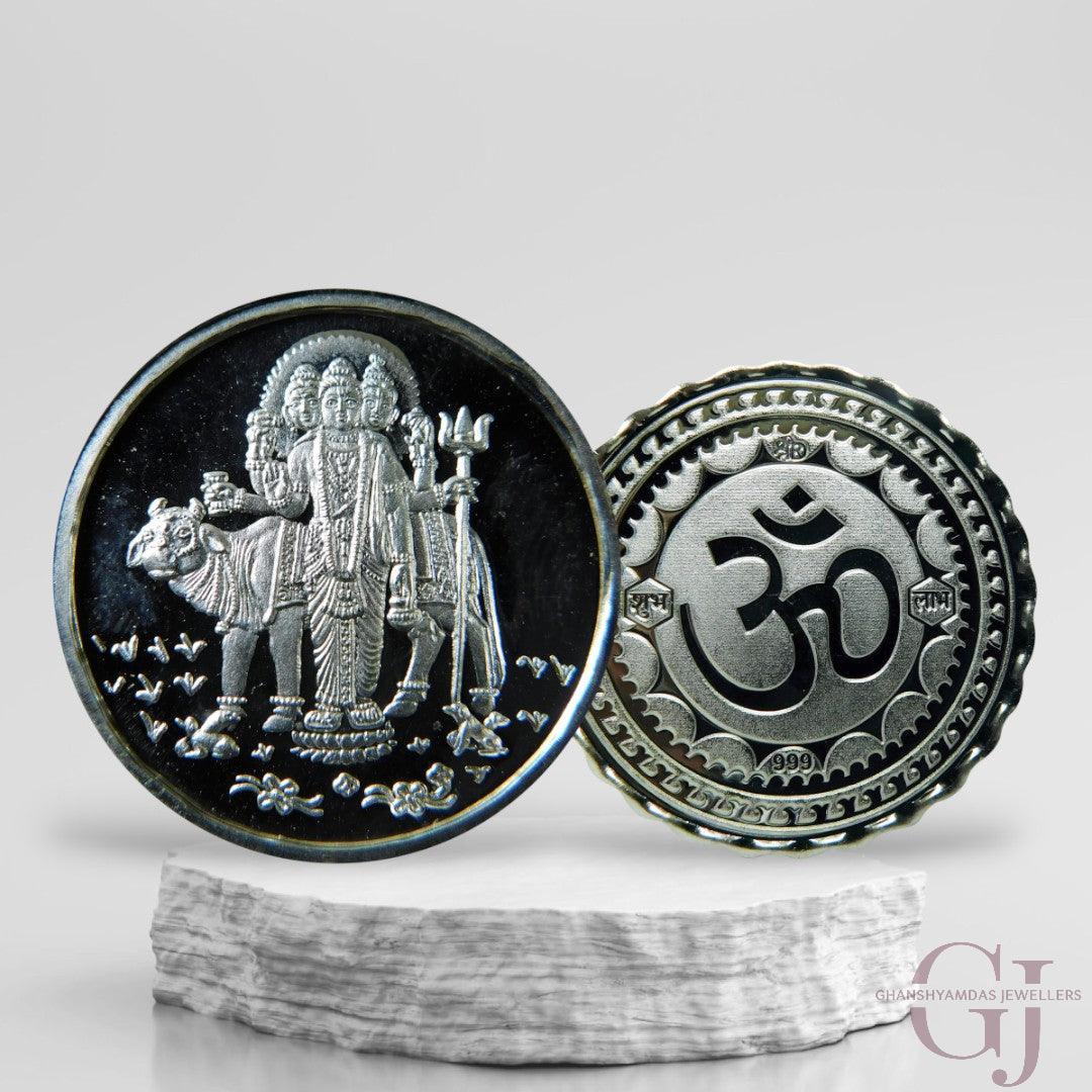 Silver Coin 24KT Purity Round Shape Front side Guru Dattatreya - Backside Om - Ghanshyamdas Jewellers