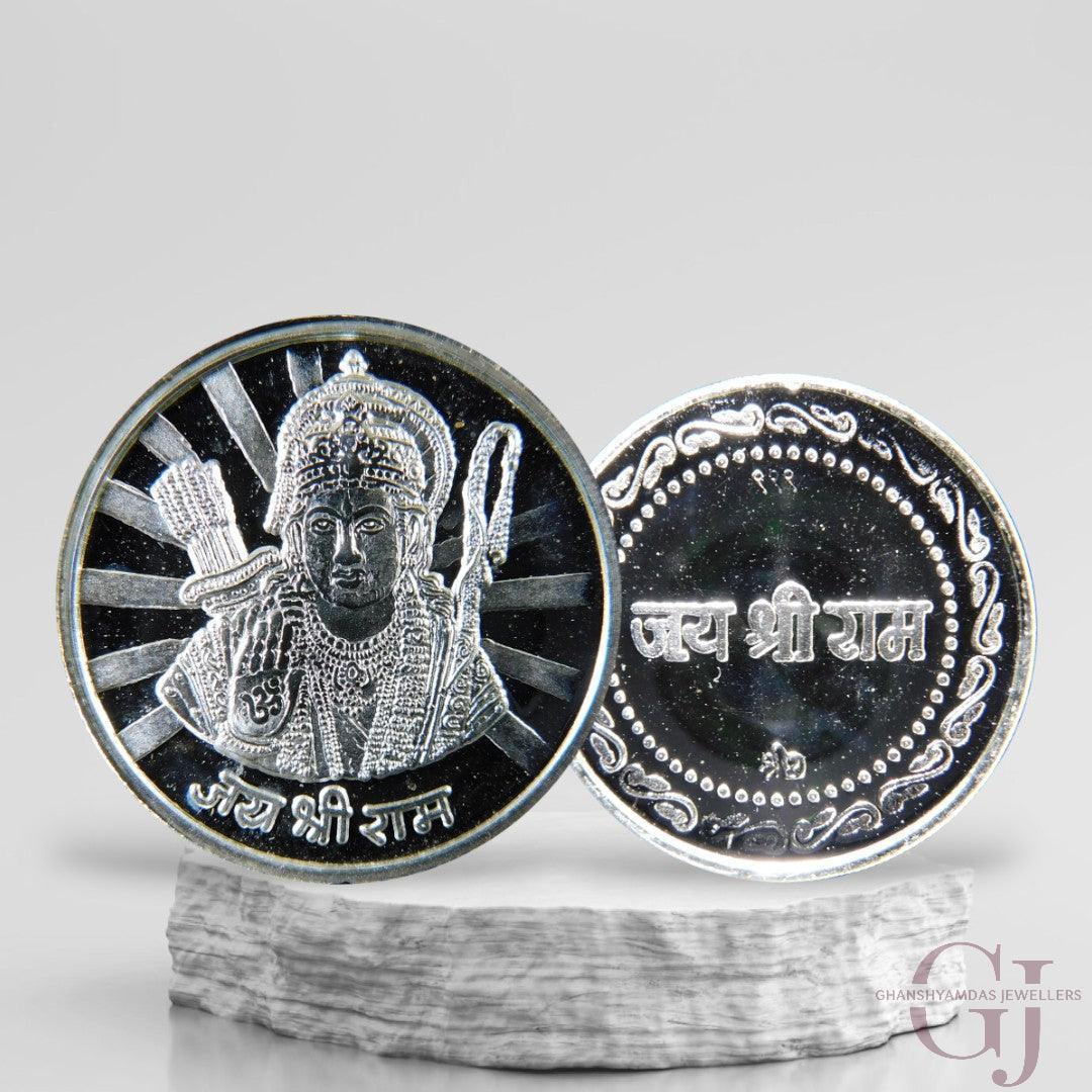 Silver Coin 24KT Purity Round Shape Front side God Ram - Backside Jai Shree Ram - Ghanshyamdas Jewellers