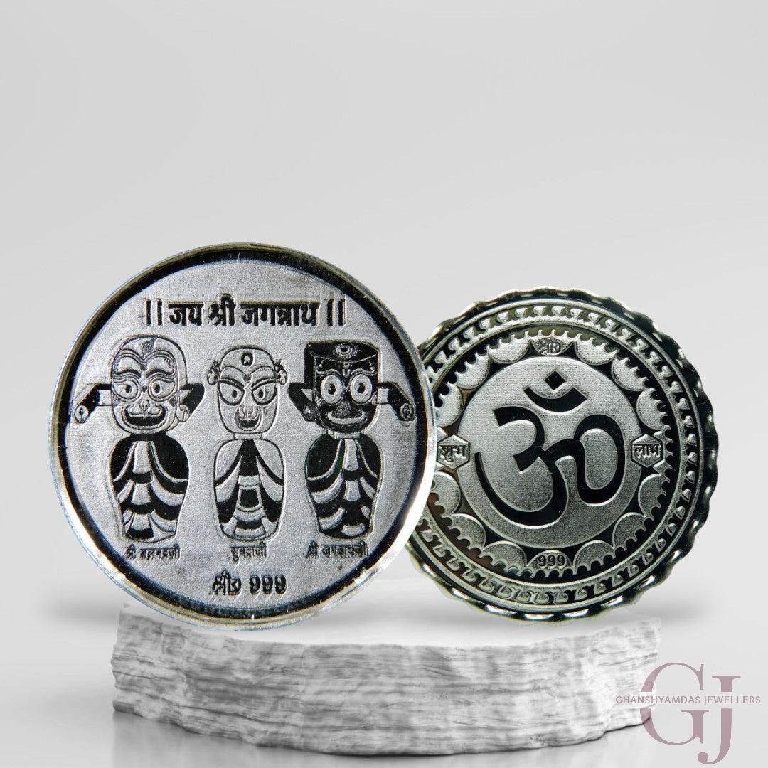 Silver Coin 24KT Purity Round Shape Front side God Jagnnath - Backside Om - Ghanshyamdas Jewellers