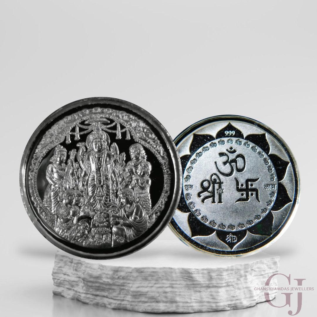 Silver Coin 24KT Purity Round Shape Front side God Satyanarayan/Satyanarayana - Backside Shree Om Swastik - Ghanshyamdas Jewellers