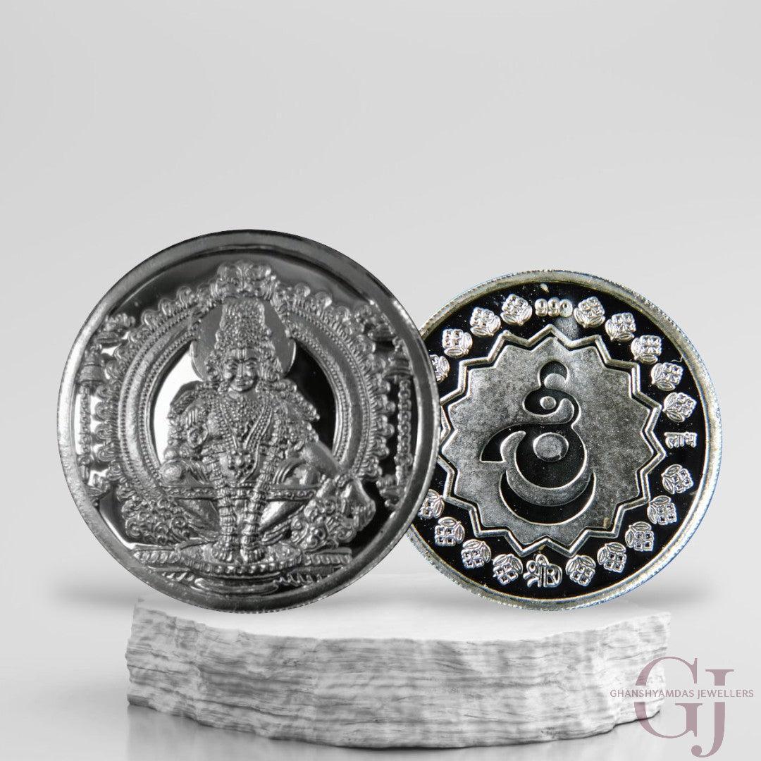 Silver Coin 24KT Purity Round Shape Front side God Ayyapa Swamy/Kartikeya - Backside Shree - Ghanshyamdas Jewellers