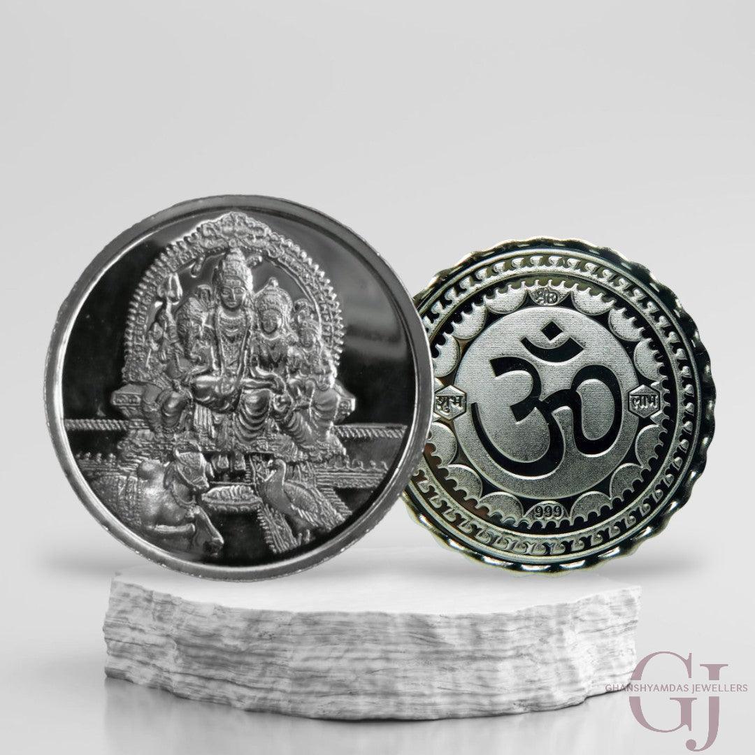 Silver Coin 24KT Purity  Round Shape Front side God Shiv Parivar - Backside Om - Ghanshyamdas Jewellers