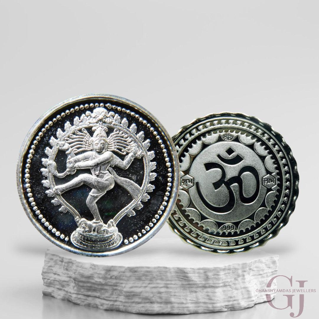 Silver Coin 24KT Purity Round Shape Front side God Natraj - Backside Om - Ghanshyamdas Jewellers