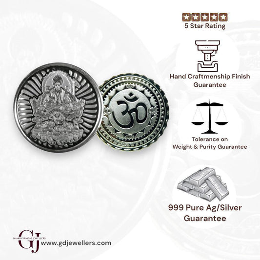 God Surya Dev - 3D Silver Coin 24KT Purity 999 Round Shape - Backside Om