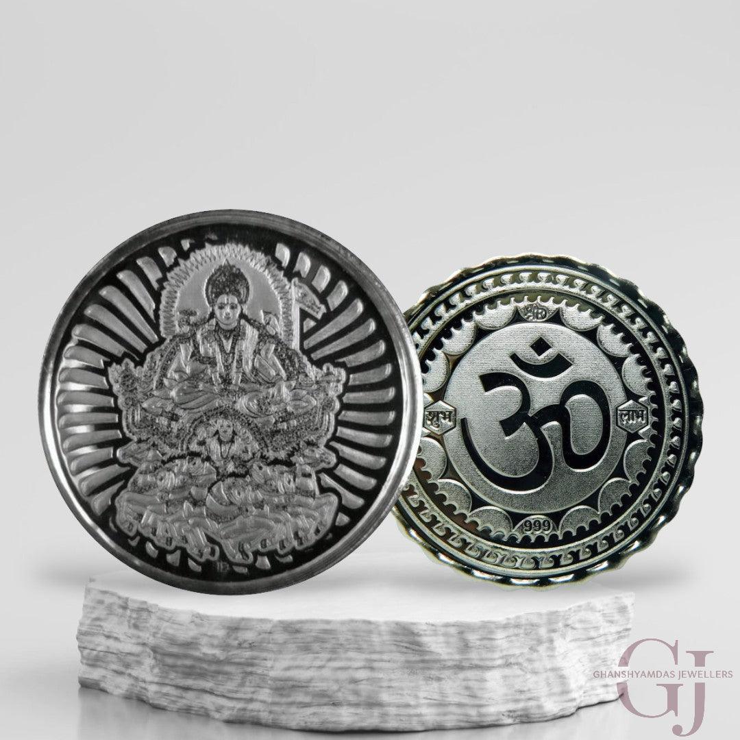 Silver Coin 24KT Purity  Round Shape Front side God Surya Dev - Backside Om - Ghanshyamdas Jewellers