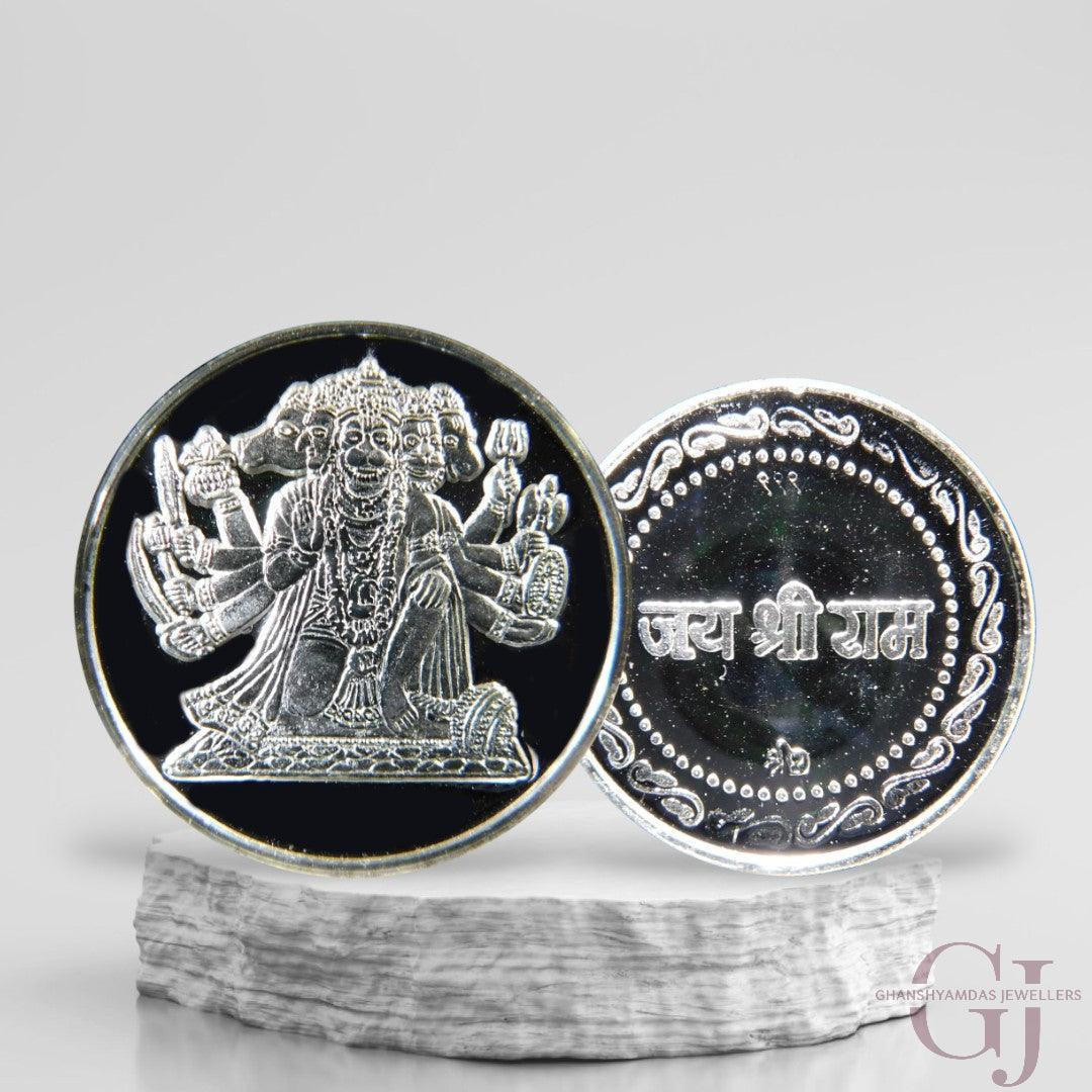 Silver Coin 24KT Purity Round Shape Front side God Panchamukhi Hanuman - Backside Jai Shree Ram - Ghanshyamdas Jewellers