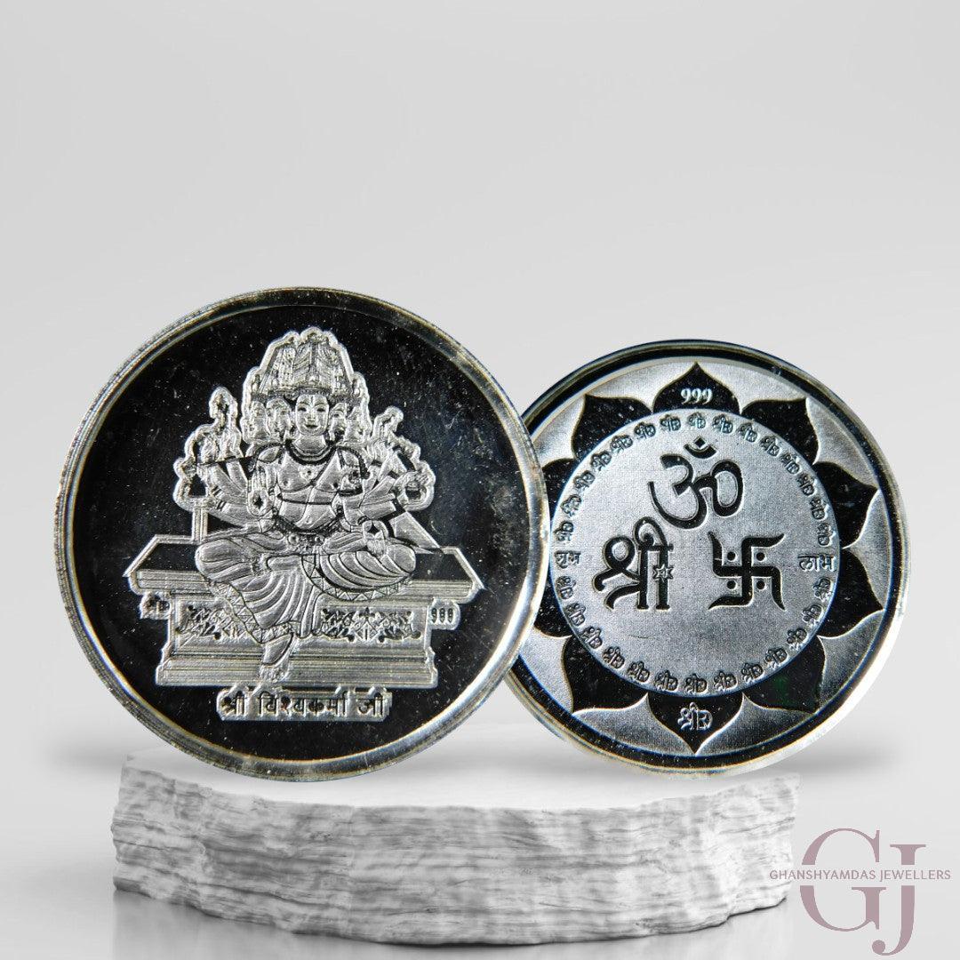 Silver Coin 24KT Purity Round Shape Front side God Vishwakarma - Backside Shree Om Swastik - Ghanshyamdas Jewellers