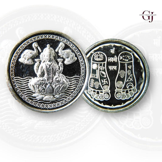 Goddess Lakshmi - 3D Silver Coin 24KT Purity 999 Round Shape - Backside Shree Charan