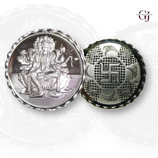 Goddess Maa Gayatri - 3D Silver Coin 24KT Purity 999 Round Shape - Backside Swastik