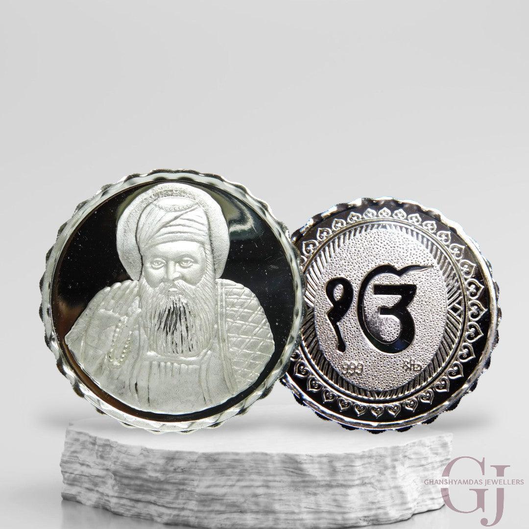 Silver Coin 24KT Purity Round Shape Front side Guru Nanak Dev - Backside Ek Onkar - Ghanshyamdas Jewellers