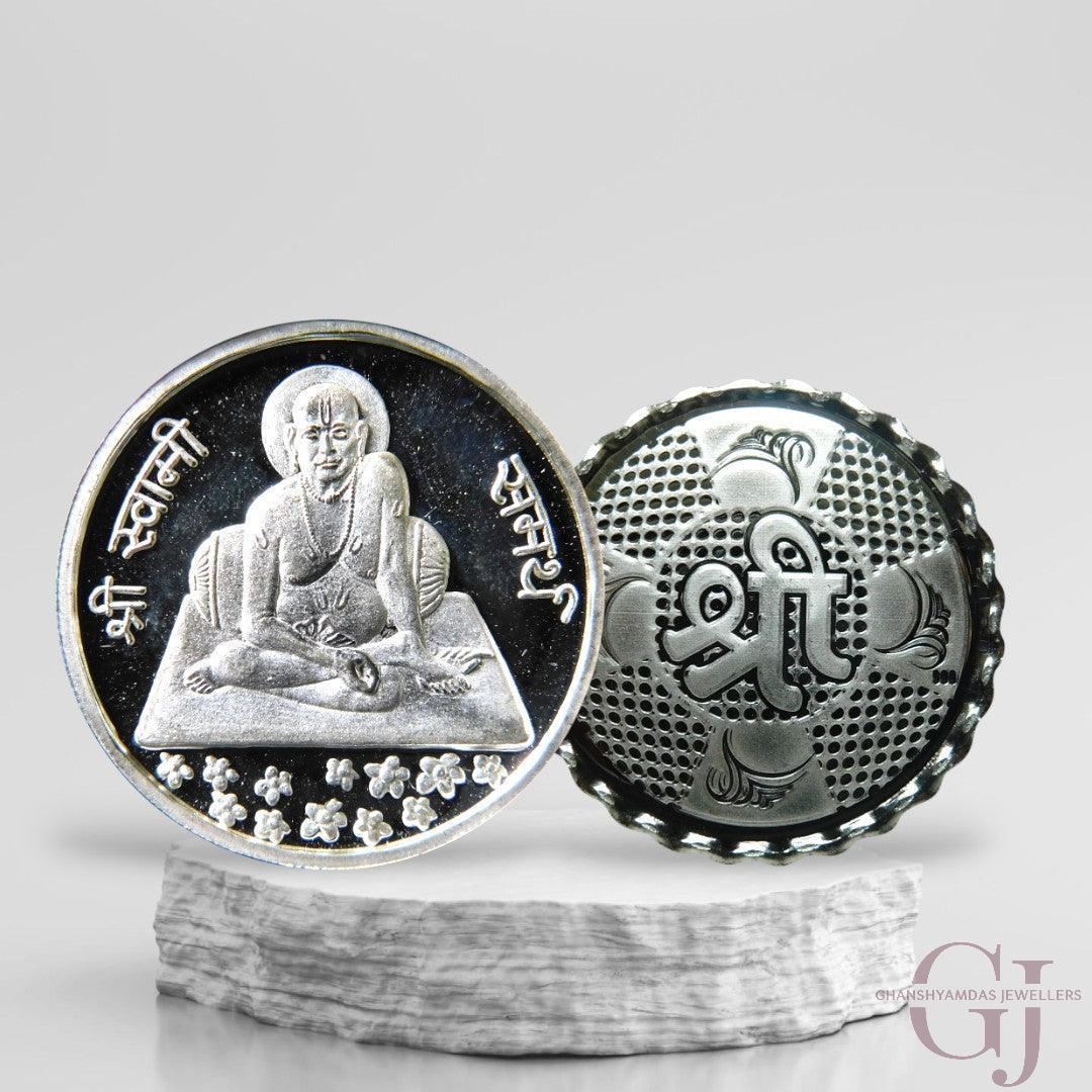 Silver Coin 24KT Purity Round Shape Front side Swamy Samarth - Backside Shree - Ghanshyamdas Jewellers