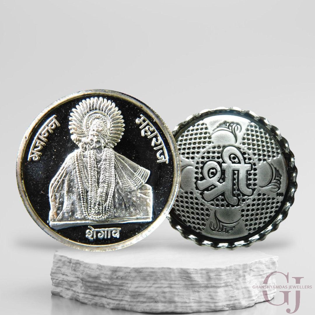 Silver Coin 24KT Purity Round Shape Front side Gajanan Maharaj - Backside Shree - Ghanshyamdas Jewellers