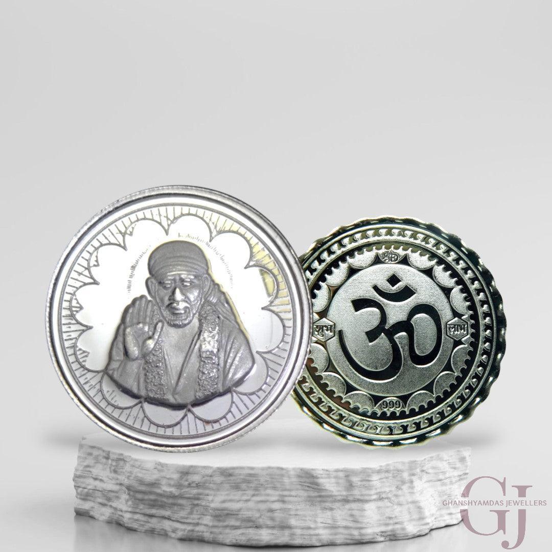 Silver Coin 24KT Purity Round Shape Front side God Sai Baba - Backside Om - Ghanshyamdas Jewellers