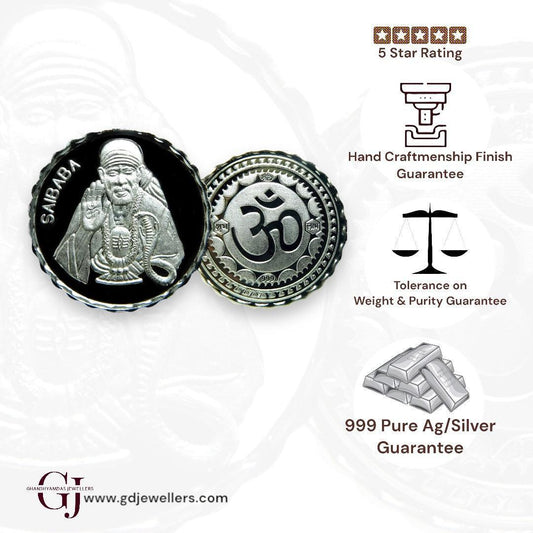 God Sai Baba With Shivling - 3D Silver Coin 24KT Purity 999 Round Shape - Backside Om