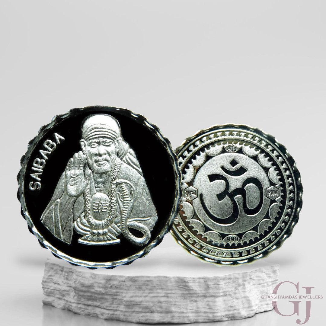 Silver Coin 24KT Purity Round Shape Front side God Sai Baba With Shivling - Backside Om - Ghanshyamdas Jewellers