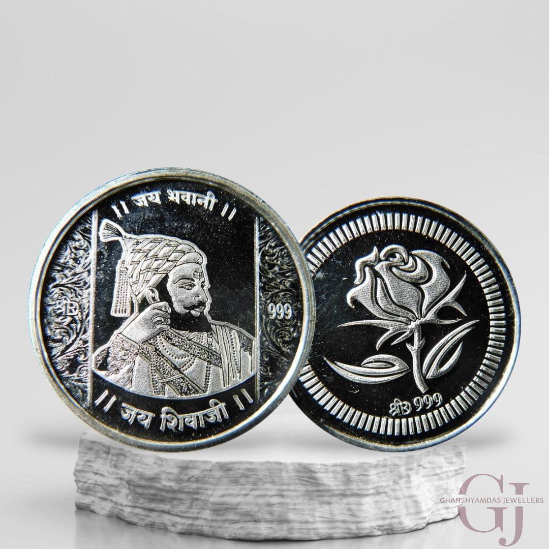 Silver Coin 24KT Purity Round Shape Front side Chatrapati Shivaji Majaraj - Backside Flower - Ghanshyamdas Jewellers