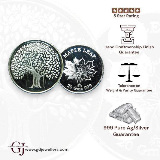 Banyan Tree - 3D Silver Coin 24KT Purity 999 Round Shape Front side   - Backside Maple Leaf