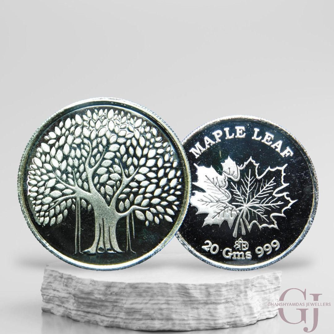 Silver Coin 24KT Purity Round Shape Front side Banyan Tree - Backside Maple Leaf - Ghanshyamdas Jewellers