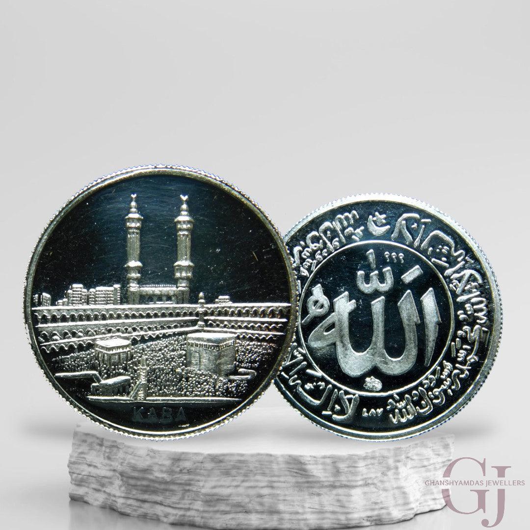 Silver Coin 24KT Purity Round Shape Front side Madina - Backside Panjetan - Ghanshyamdas Jewellers