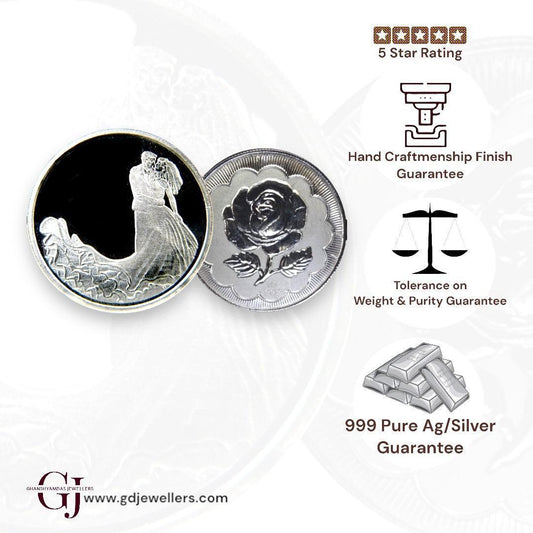 Couple - 3D Silver Coin 24KT Purity 999 Round Shape - Backside Rose