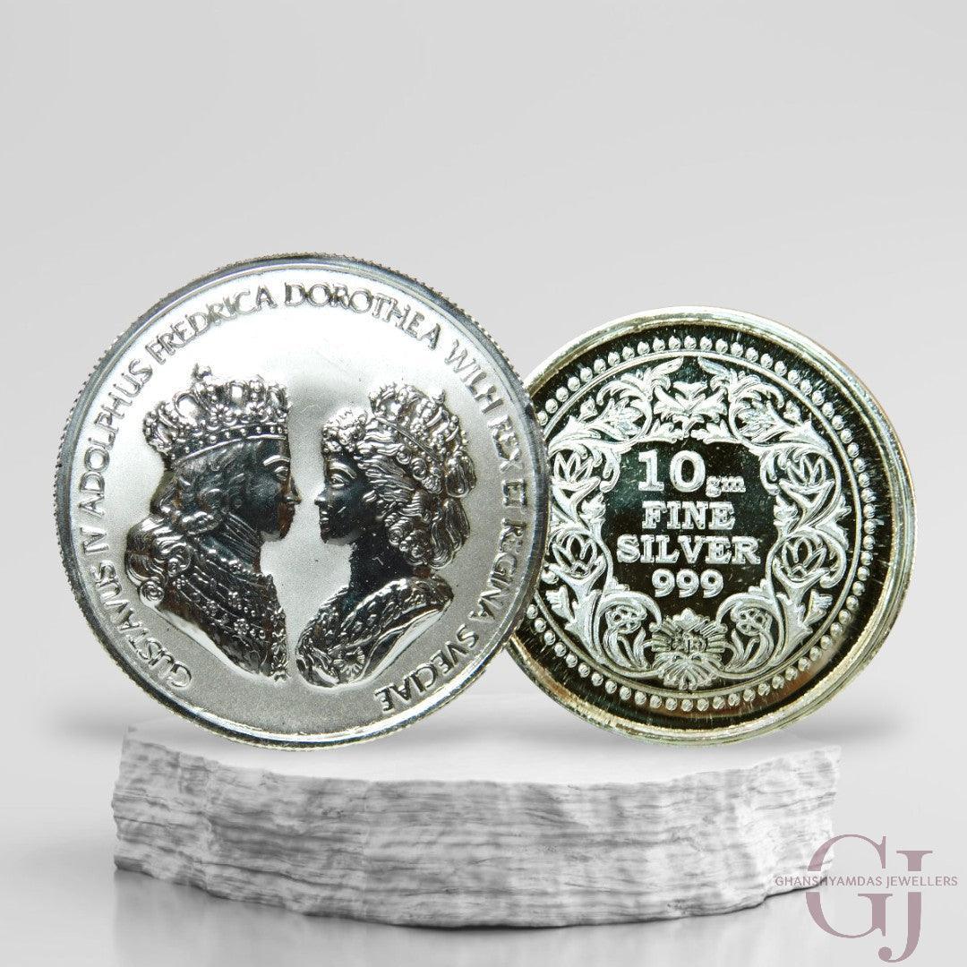 Silver Coin 24KT Purity Round Shape Front side King & Queen - Backside Fine Silver - Ghanshyamdas Jewellers