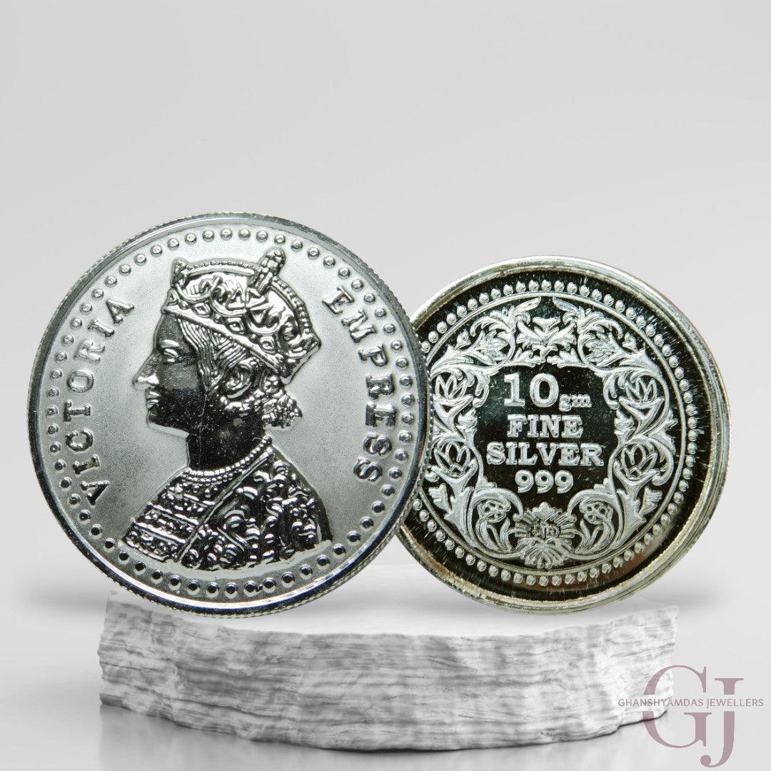 Silver Coin 24KT Purity Round Shape Front side Queen Victoria - Backside Fine Silver - Ghanshyamdas Jewellers