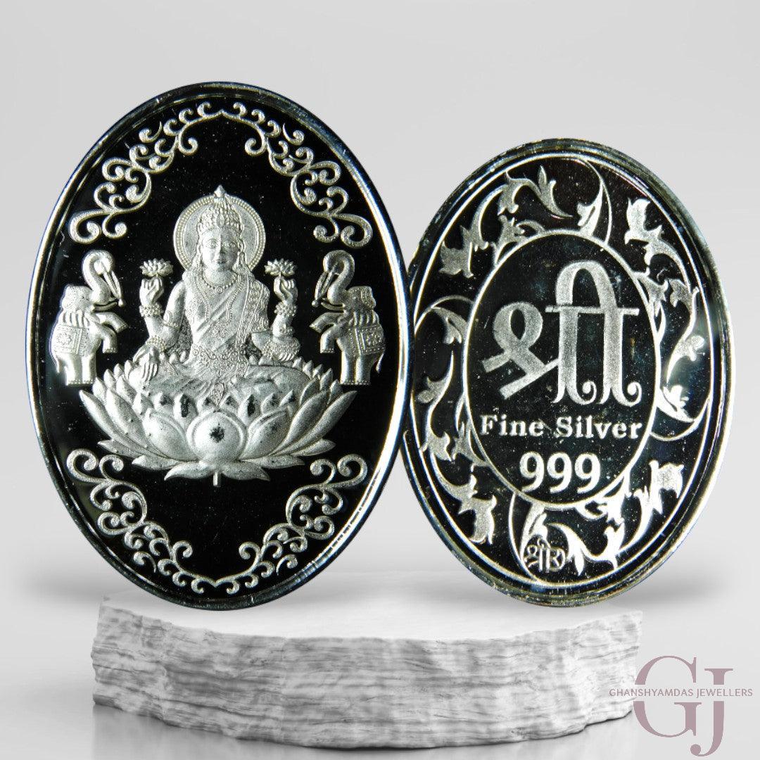 Silver Coin 24KT Purity Round Shape Front side Goddess Lakshmi - Backside Shree Yantra - Ghanshyamdas Jewellers