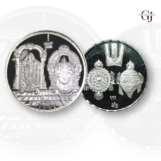 God Balaji Padmavati - 3D Silver Coin 24KT Purity 999 Round Shape - Backside Shankh Chakra Tilak