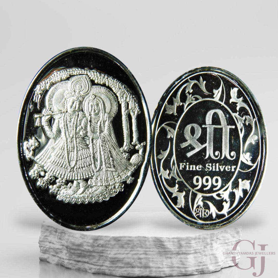 Silver Coin 24KT Purity Round Shape Front side Goddess Radha & Krishna - Backside Shree - Ghanshyamdas Jewellers