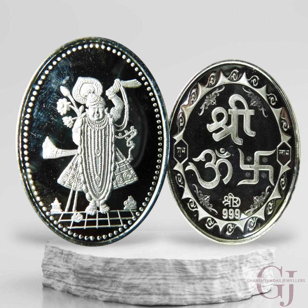 Silver Coin 24KT Purity Round Shape Front side God Srinath - Backside Shree - Ghanshyamdas Jewellers