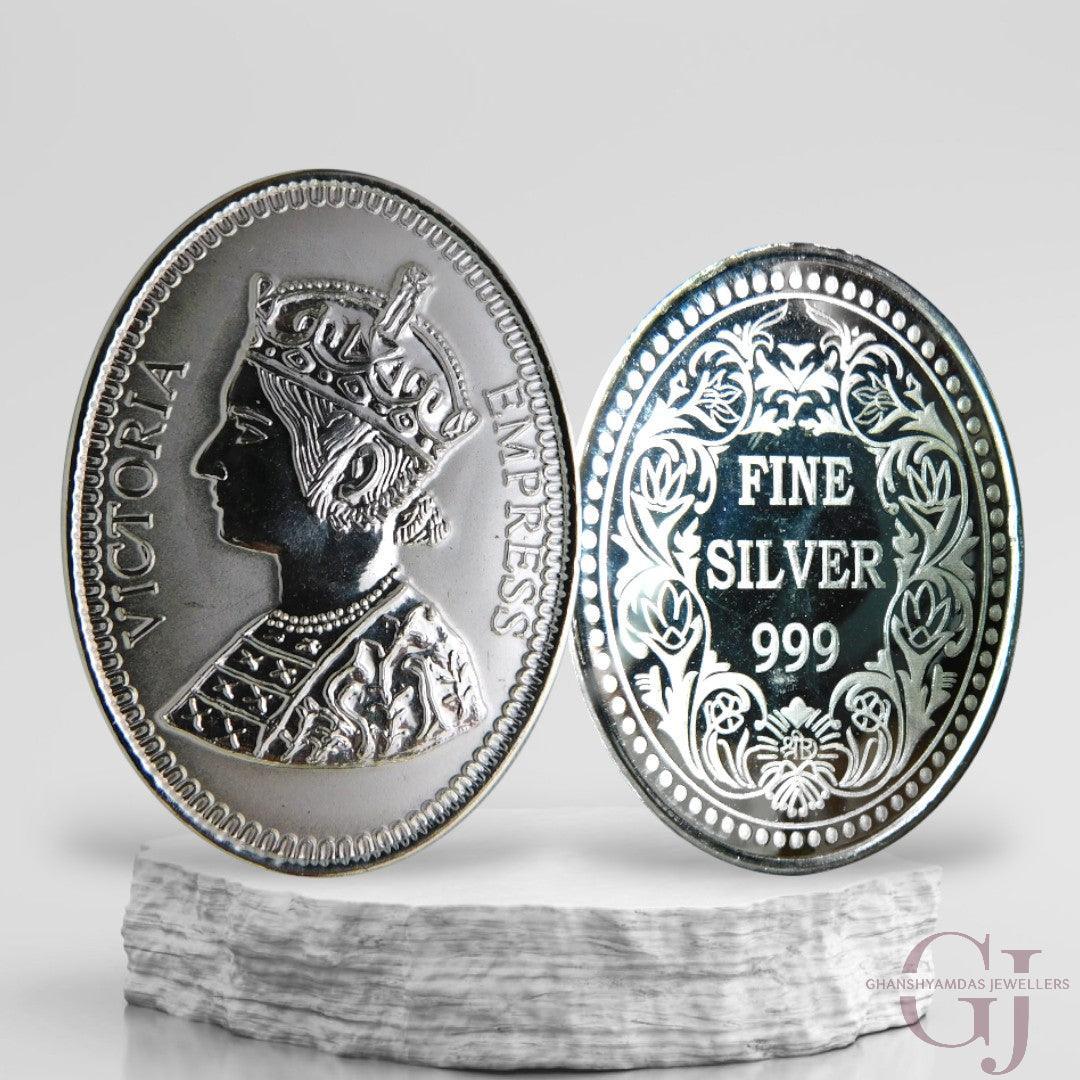 Silver Coin 24KT Purity Round Shape Front side Queen Victoria - Backside Fine Silver - Ghanshyamdas Jewellers