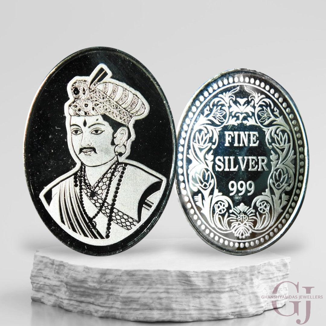 Silver Coin 24KT Purity Oval Shape Front side Raja Rani - Backside Fine Silver - Ghanshyamdas Jewellers