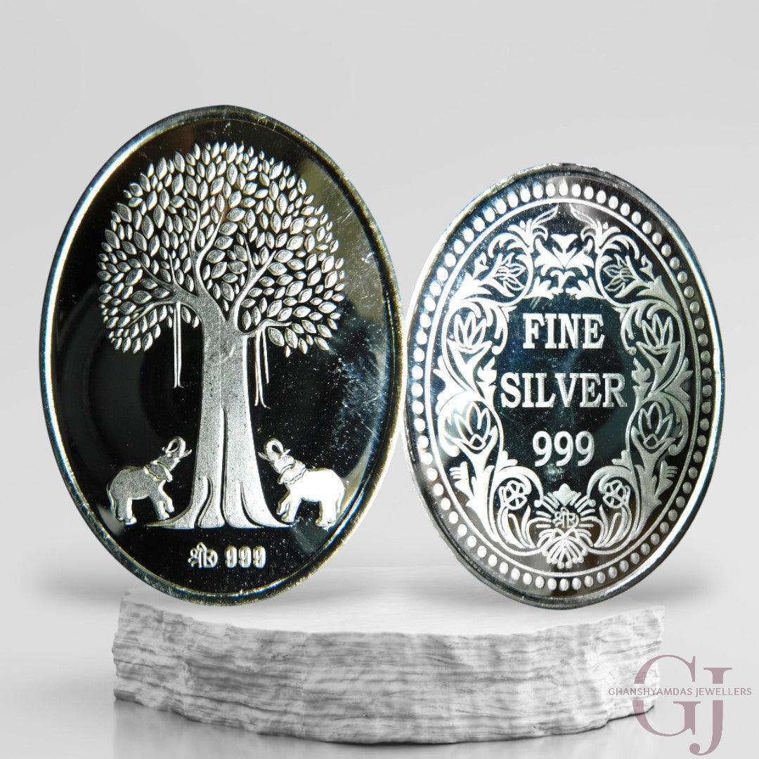 Silver Coin 24KT Purity Round Shape Front side Banyan Tree - Backside Maple Leaf - Ghanshyamdas Jewellers