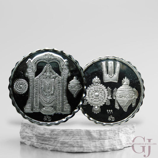 Silver Coin 24KT Purity Round Shape Front side God Balaji - Backside Shankh Chakra Tilak - Ghanshyamdas Jewellers