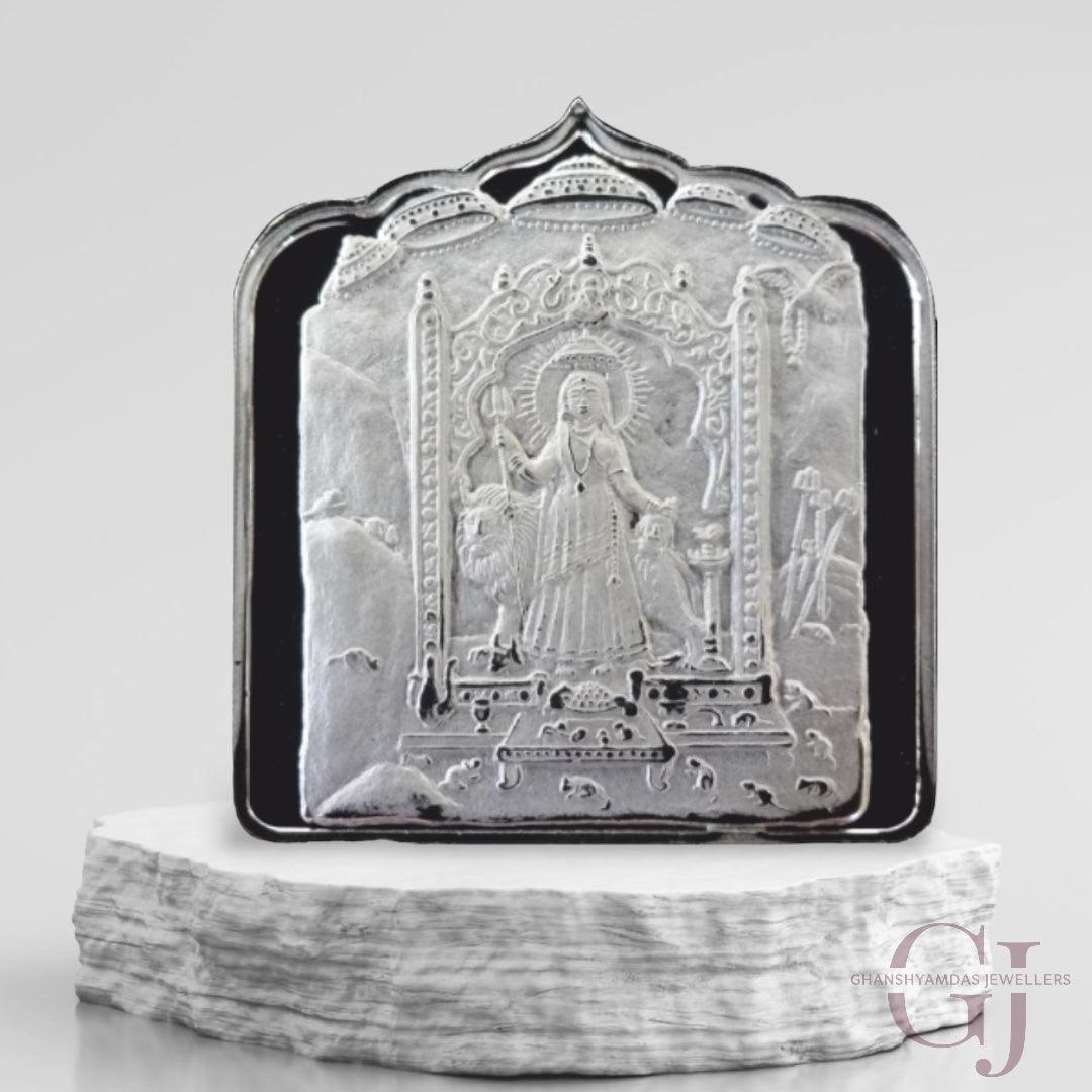 Silver Coin 24KT Purity House Shape Front side Goddess Karani Mata - Backside Plain - Ghanshyamdas Jewellers