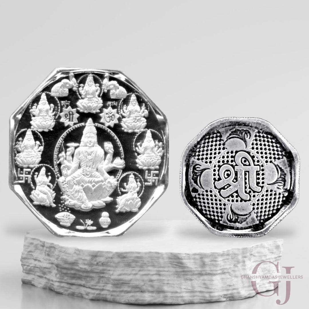 Real Silver Coin 999 Purity Round Shape Front side Goddess Ashta Laskhmi - Back side Shree Yantra - Ghanshyamdas Jewellers