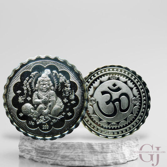 Silver Coin 24KT Purity Round Shape Front side God Laddu Gopal - Backside Om - Ghanshyamdas Jewellers