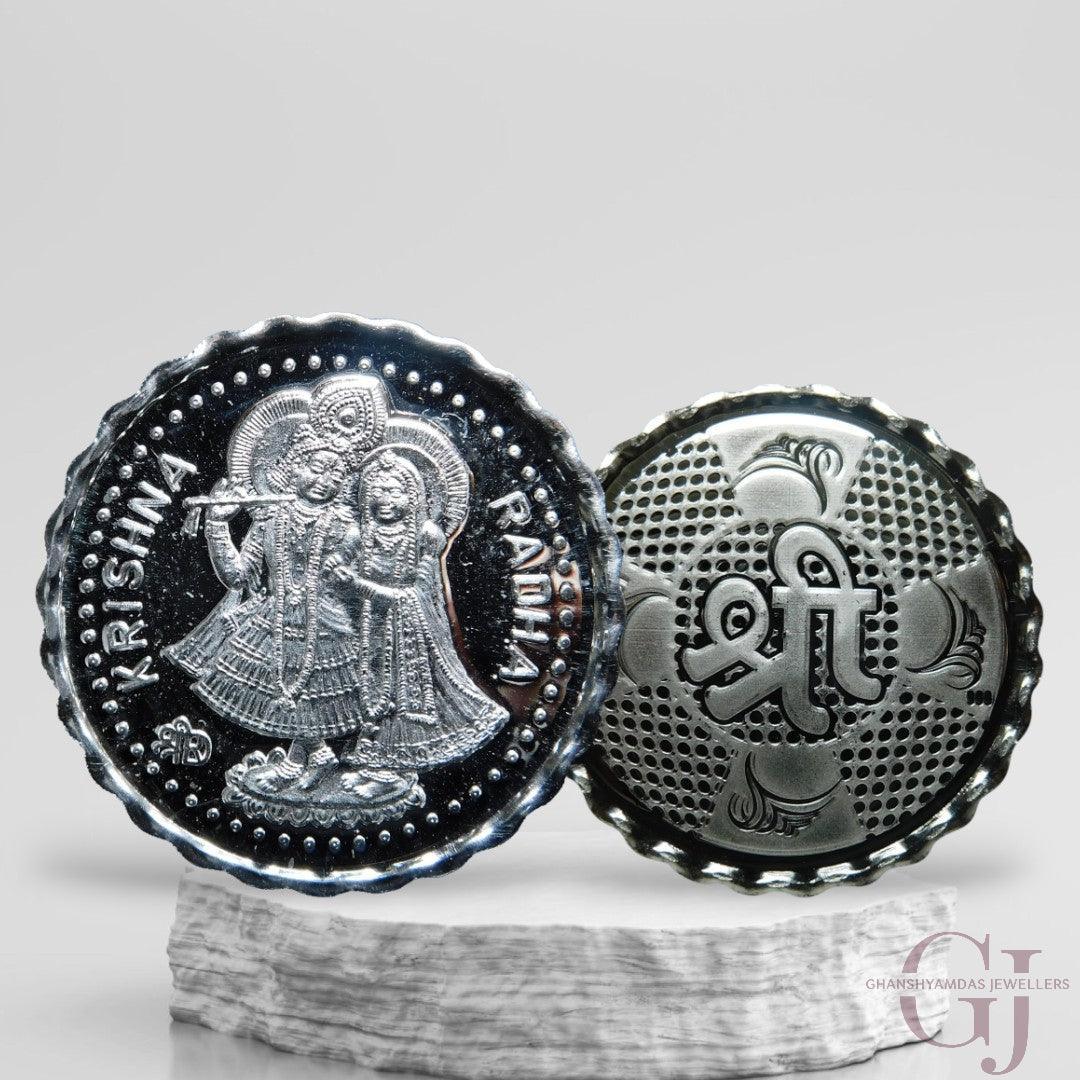 Silver Coin 24KT Purity Round Shape Front side Goddess Radha & Krishna - Backside Shree - Ghanshyamdas Jewellers