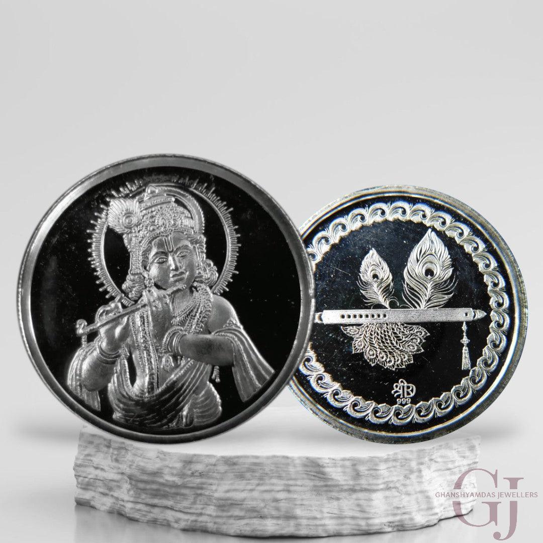 Silver Coin 24KT Purity Round Shape Front side God Krishna - Backside Feather And Flute/Basuri - Ghanshyamdas Jewellers