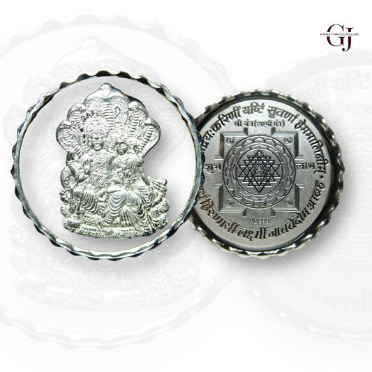 Goddess Lakshmi & Narayana - 3D Silver Coin 24KT Purity 999 Round Shape  - Backside Shree Yantra